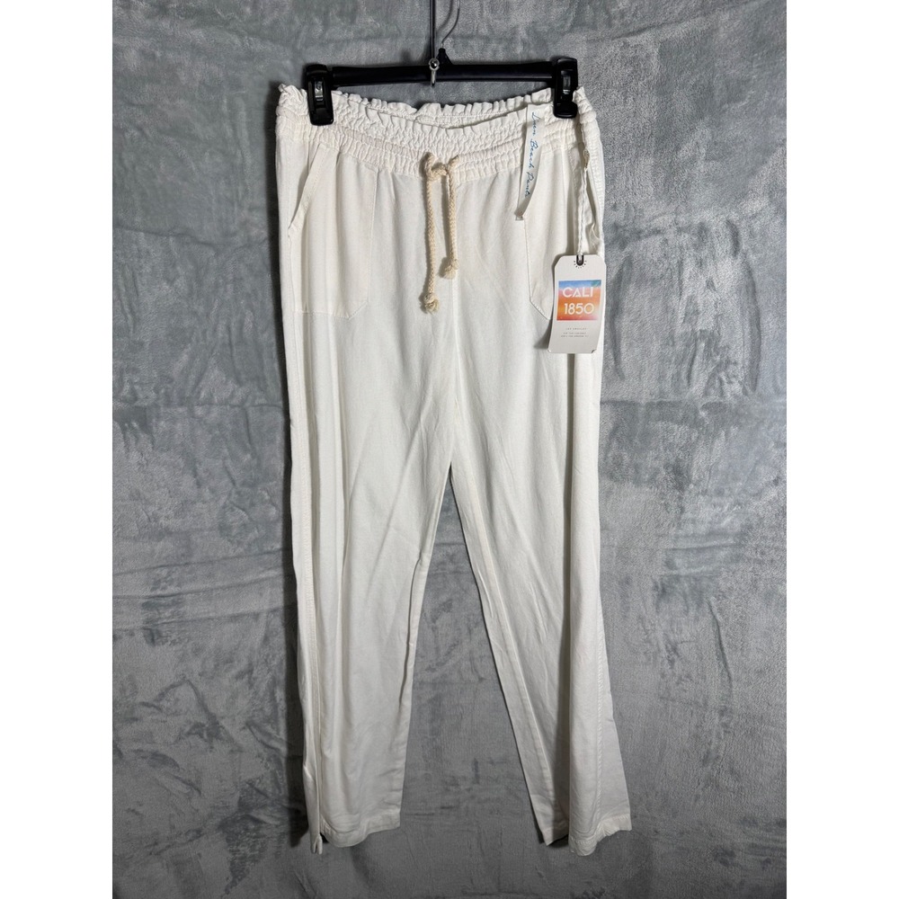 CALI 1850 Linen Beach Pants White Smocked Waist Drawstring Women's large NEW NWT